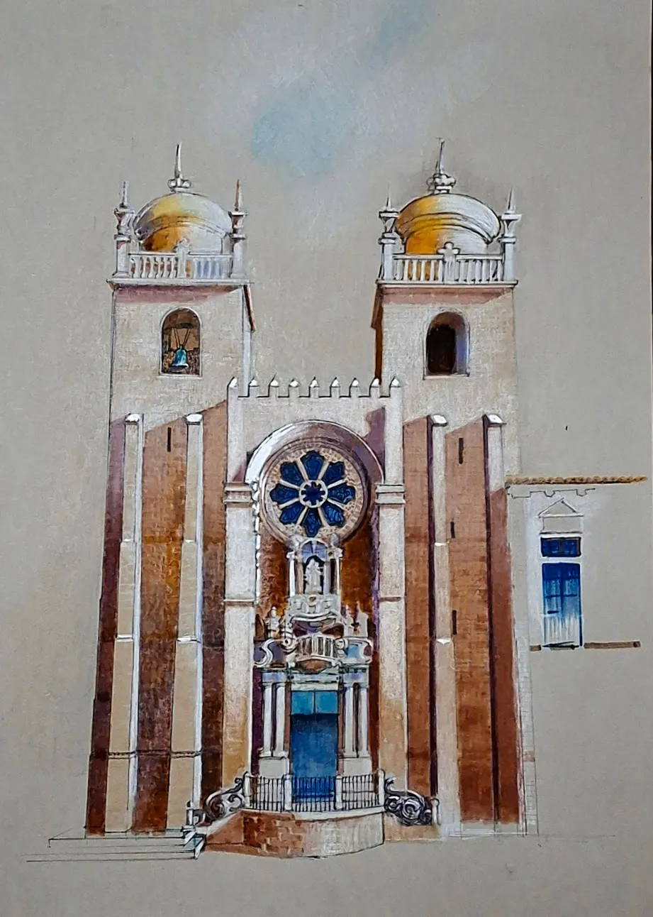 Catedral de Oporto, crayones sobre cartulina gris de Fernando Naranjo Espinoza.