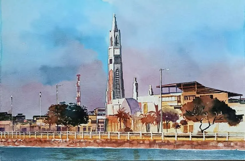 Puerto Bolívar, acuarela sobre fabriano de Fernando Naranjo Espinoza.