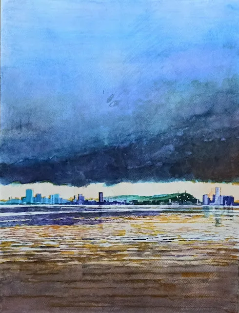 Tormenta en el Guayas, acuarela sobre arches de 300 grs. de Fernando Naranjo Espinoza.