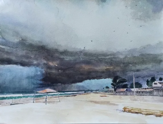 Tormenta en Playas, acuarela sobre fabriano de Fernando Naranjo Espinoza.